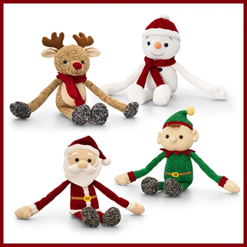 Assorted Christmas plush toy collection with knitted details, dangling legs and festive holiday styling in soft fabric. Suitable for Christmas gifts, seasonal hampers and retail displays.