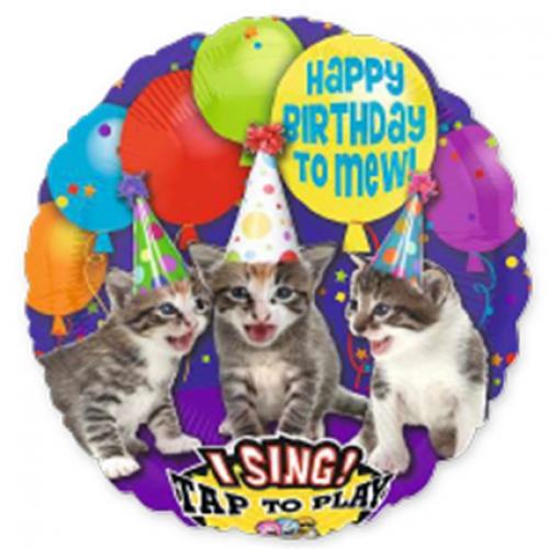 28 inch singing foil balloon featuring a Happy Birthday to Mew cat-themed design.