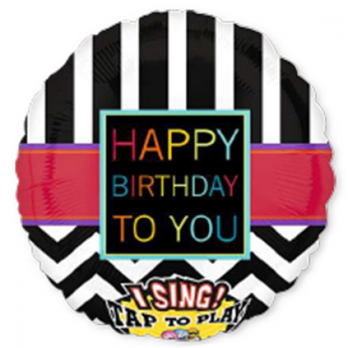 28 inch singing foil balloon featuring a Chevron Happy Birthday To You design.