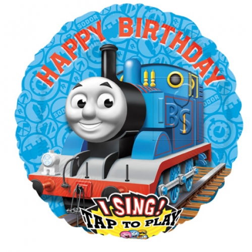28 inch singing foil balloon featuring Thomas with a Happy Birthday design.