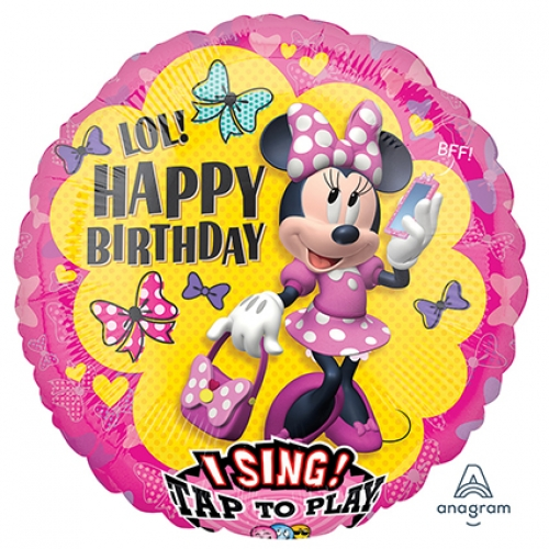28 inch singing foil balloon featuring Minnie Mouse with a Happy Birthday design.