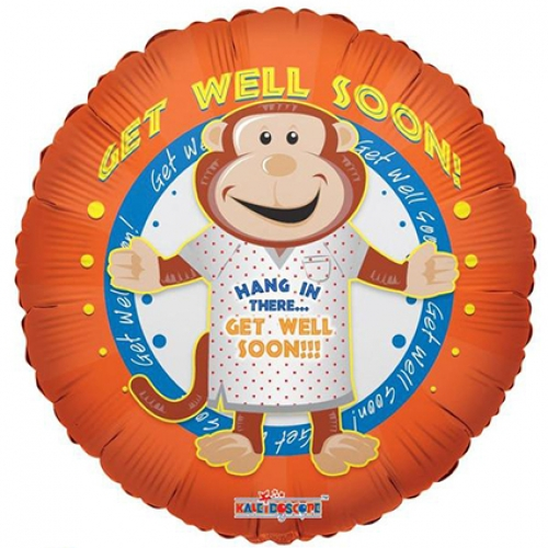 18 inch foil balloon featuring a monkey with a Get Well Soon Hang In There! message.