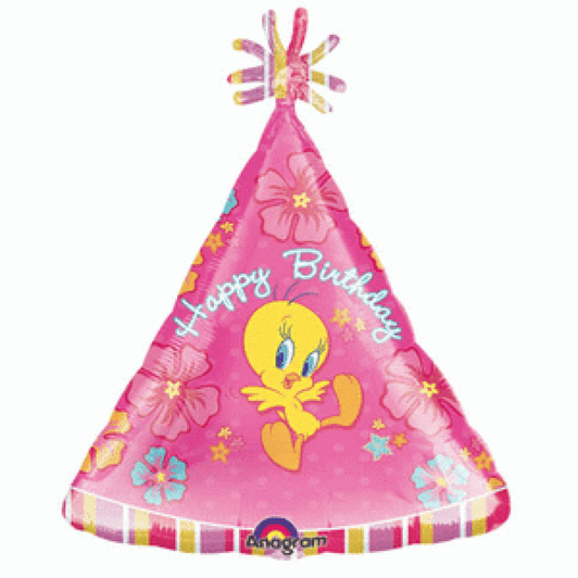18 inch foil balloon featuring Tweety with a colourful Happy Birthday hat design.