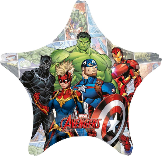 28 inch star-shaped foil balloon featuring Avengers characters including Hulk, Captain America and Iron Man.