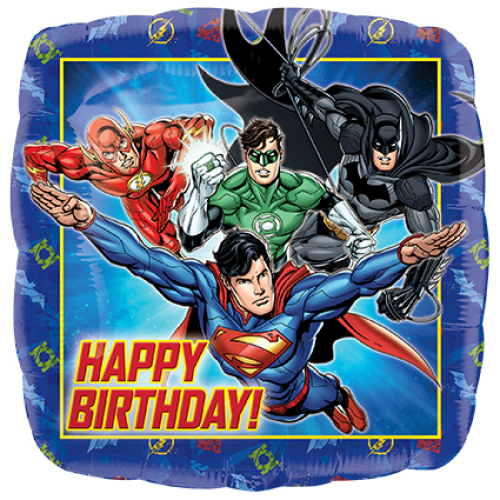 18 inch foil balloon featuring Justice League characters with a Happy Birthday design.