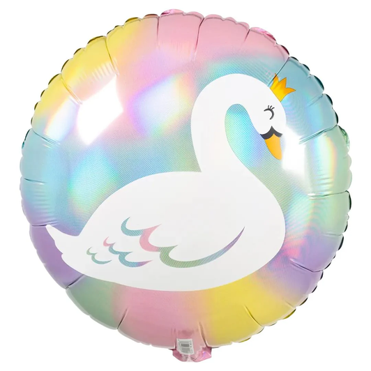 18 inch holographic foil balloon featuring an elegant swan design.