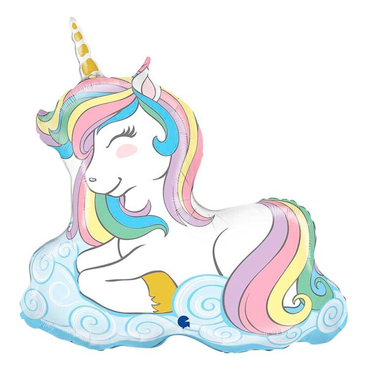 39 inch foil balloon featuring a Unicorn resting on a cloud.