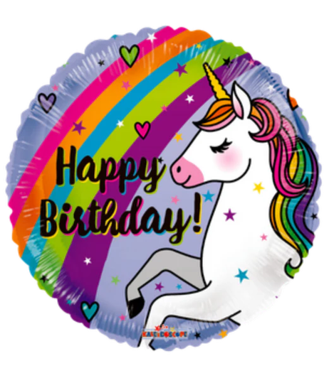 18 inch foil balloon featuring a Unicorn Happy Birthday design with colourful rainbow details.