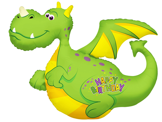 36 inch foil balloon featuring a green dragon with a Happy Birthday design.