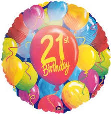 18 inch foil balloon featuring the number 21 with colourful birthday balloons.