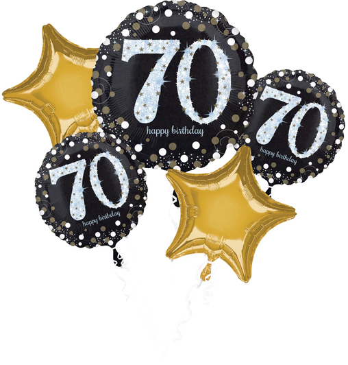 Five-piece foil balloon bouquet designed for a 70th birthday celebration.