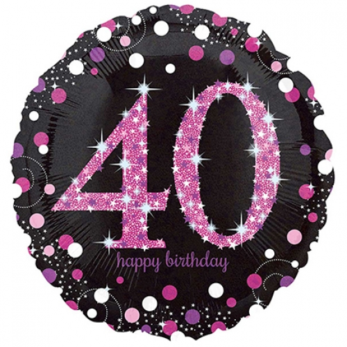18 inch pink sparkling Happy Birthday foil balloon featuring the number 40.