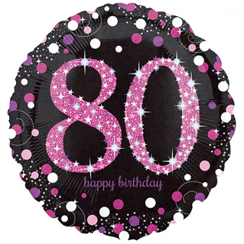 18 inch pink sparkling Happy Birthday foil balloon featuring the number 80.