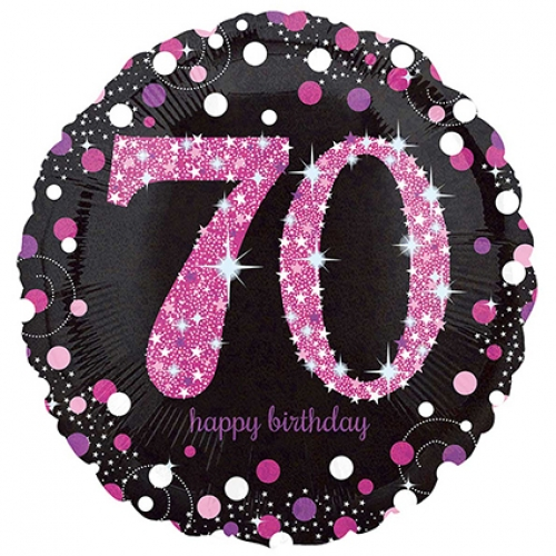 18 inch pink sparkling Happy Birthday foil balloon featuring the number 70.