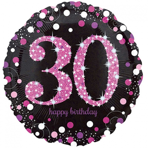 18 inch pink sparkling Happy Birthday foil balloon featuring the number 30.