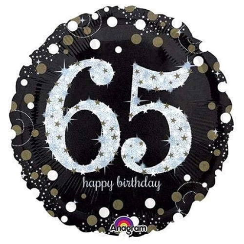 18 inch sparkling Happy Birthday foil balloon featuring the number 65.