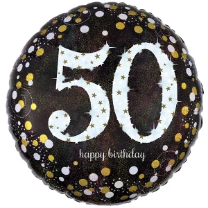 18 inch colourful sparkling Happy Birthday foil balloon featuring the number 50.