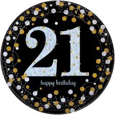 18 inch colourful sparkling Happy Birthday foil balloon featuring the number 21.