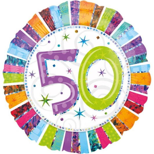 18 inch colourful sparkling foil balloon featuring the number 50.