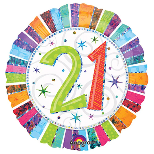 18 inch colourful sparkling foil balloon featuring the number 21.