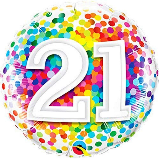 18 inch foil balloon featuring a colourful number 21 design.