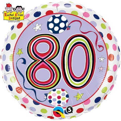 18 inch foil balloon featuring the number 80 with colourful polka dots.
