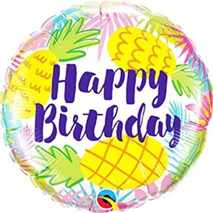18 inch foil balloon featuring a Tropical Pineapple Happy Birthday design.