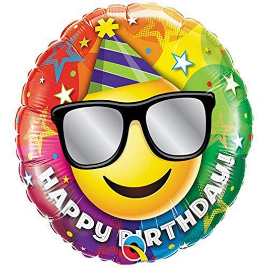 18 inch foil balloon featuring a Cool Emoji Happy Birthday design.