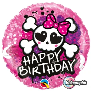 18 inch holographic foil balloon featuring a pink skull Happy Birthday design.