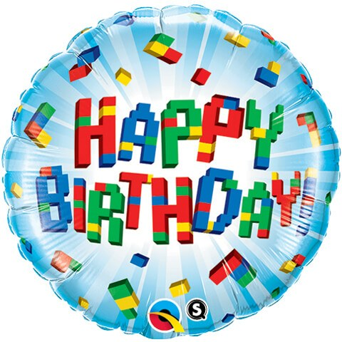 18 inch foil balloon featuring a colourful Building Blocks Happy Birthday design.