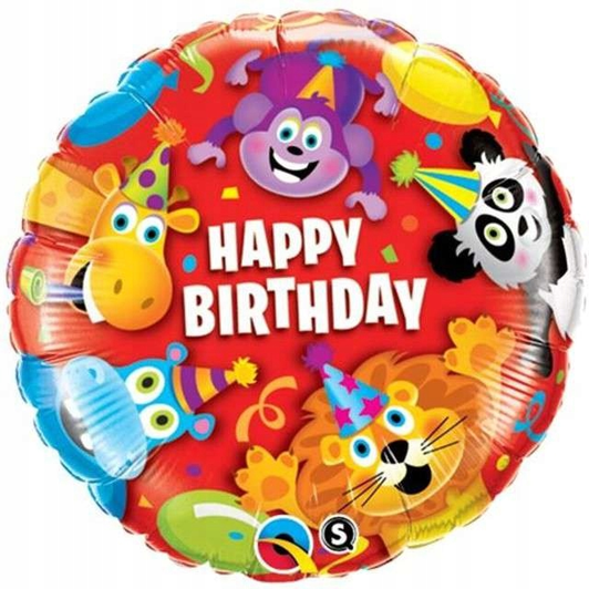 18 inch foil balloon featuring a colourful Party Animals Happy Birthday design.