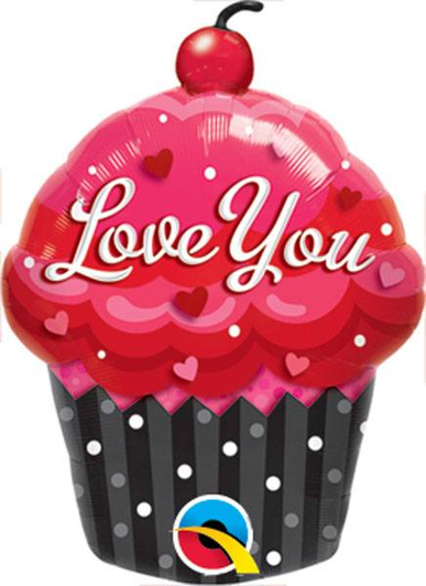 35 inch cupcake-shaped foil balloon featuring a colourful Love You design.