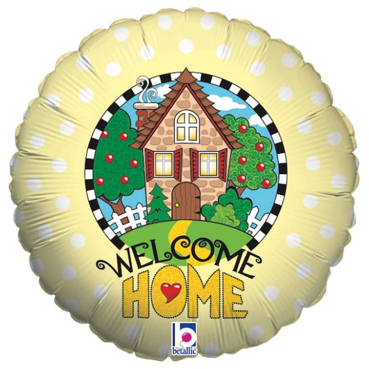 18 inch foil balloon featuring a Welcome Home message with a house design.