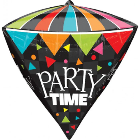 18 inch triangular foil balloon featuring a colourful Party Time design.