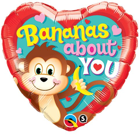 18 inch heart-shaped foil balloon featuring a Bananas About You message with a monkey design.