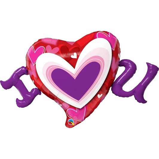 46 inch shaped foil balloon featuring an I Love U design with heart details.