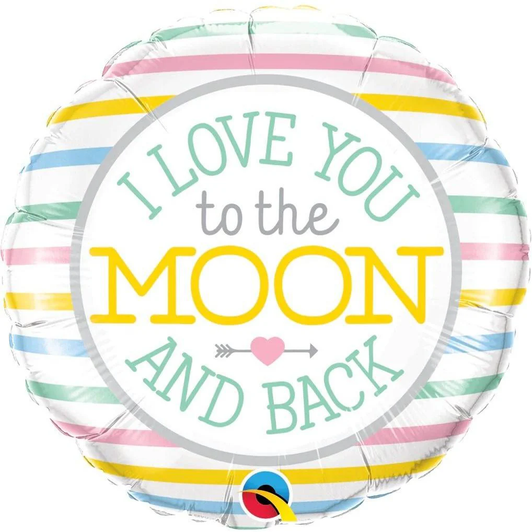 18 inch foil balloon featuring an I Love You To The Moon And Back message with pastel stripes.