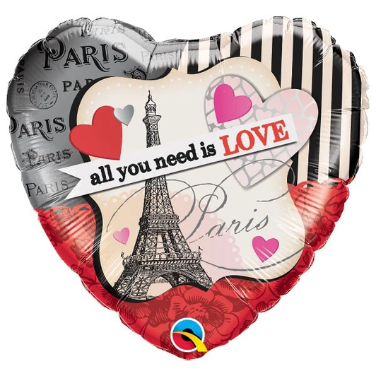 18 inch heart-shaped foil balloon featuring an All You Need Is Love message with an Eiffel Tower design.