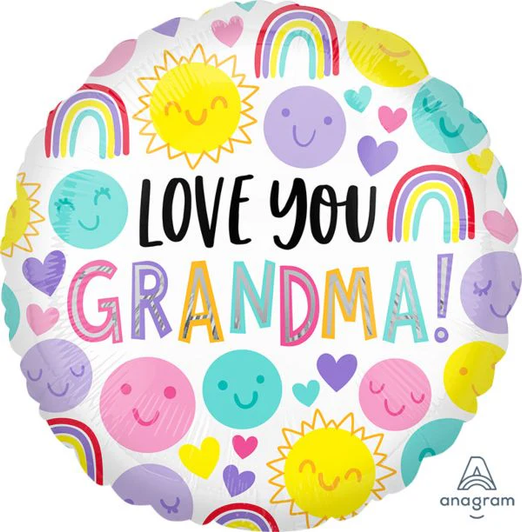 17 inch foil balloon featuring a Love You Grandma! pastel sunshine and rainbows design.