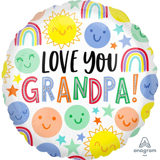 17 inch foil balloon featuring a Love You Grandpa! pastel sunshine and rainbows design.