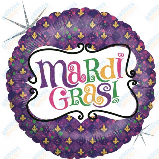18 inch foil balloon featuring a purple Mardi Gras celebration design.