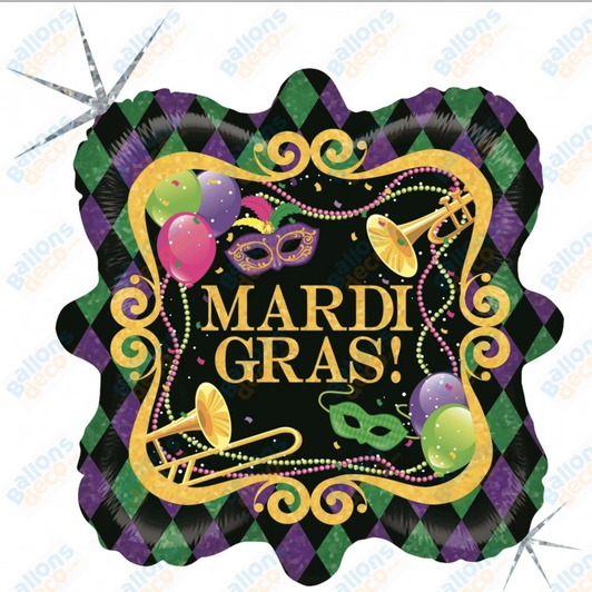 18 inch foil balloon featuring Mardi Gras masks, trumpets and colourful decorative details.