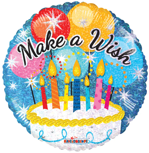 18 inch holographic foil balloon featuring a Make A Wish birthday cake design.