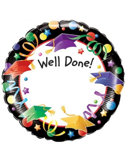 18 inch foil balloon featuring a Well Done! Graduation Hat design.