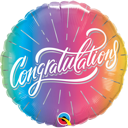 18 inch foil balloon featuring a colourful Congratulations Rainbow design.