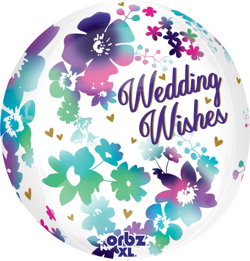 16 inch spherical Orbz foil balloon featuring a Wedding Wishes message with a floral design.