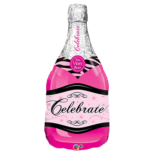 39 inch pink champagne bottle-shaped foil balloon featuring a Celebrate design.