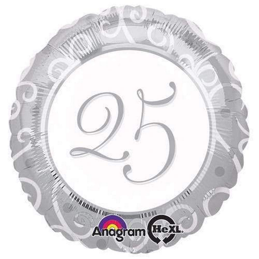 18 inch foil balloon featuring a silver 25 Year Anniversary design.