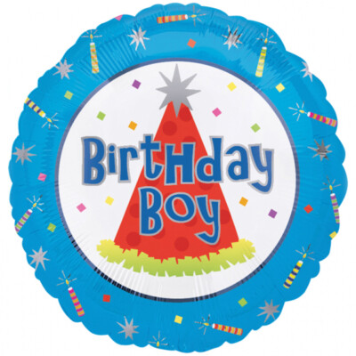 18 inch blue foil balloon featuring a Birthday Boy party hat design.