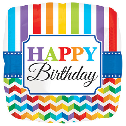 17 inch foil balloon featuring a Happy Birthday design with rainbow stripes and chevron details.